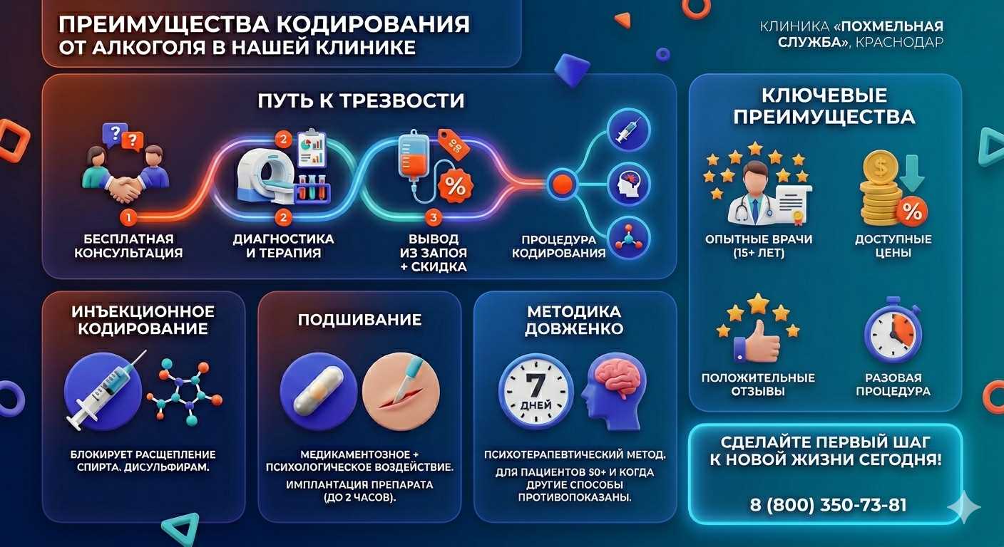 Инфографика о методах кодирования от алкоголя в Смирных: инъекции, подшивание, метод Довженко. Преимущества клиники и этапы лечения.