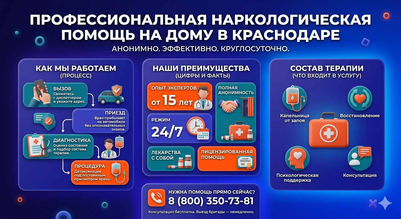 Инфографика о принципах лечения алкоголизма на дому в Смирных: этапы вызова нарколога, преимущества анонимной детоксикации и состав медицинской помощи.
